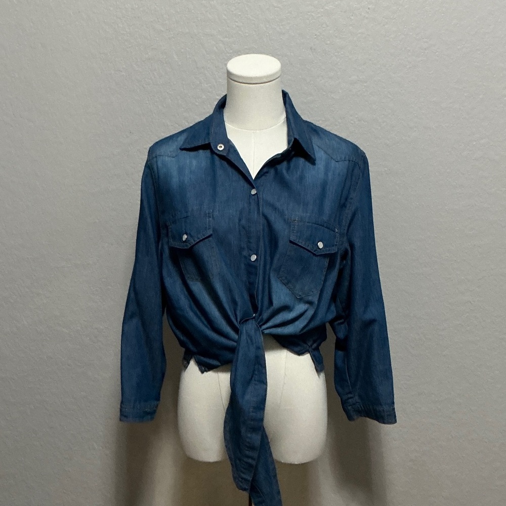 Chambray Tie-Front Button-Up Shirt in Denim Blue